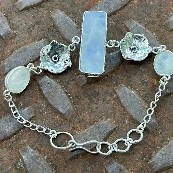 Women Handmade Bracelet Silver Tone Real Rainbow Moonstone Wrist Band Jewelry - Picture 4 of 12